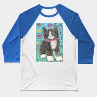 Tuxedo kitten cat  flowers Baseball T-Shirt